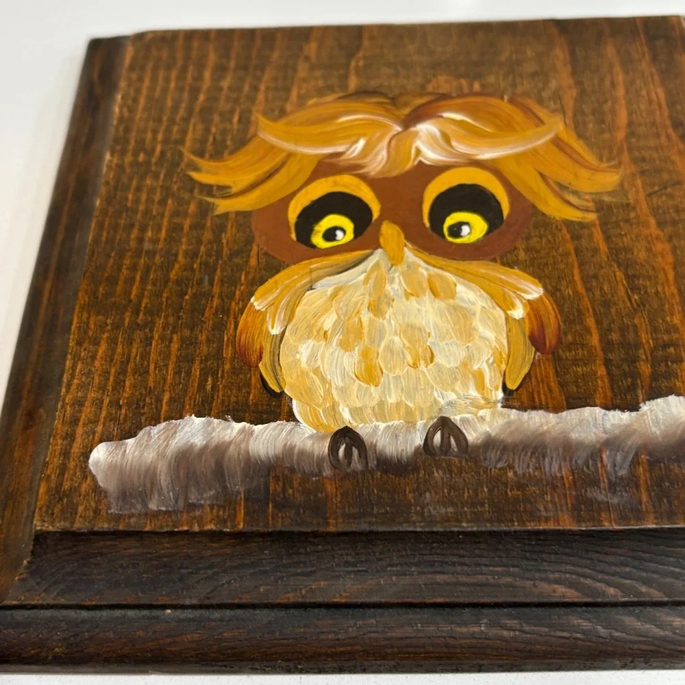 Vintage Owl Wall‎ Art Decor Hand Painted Wood Folk Art Pair 2 Forest Paintings